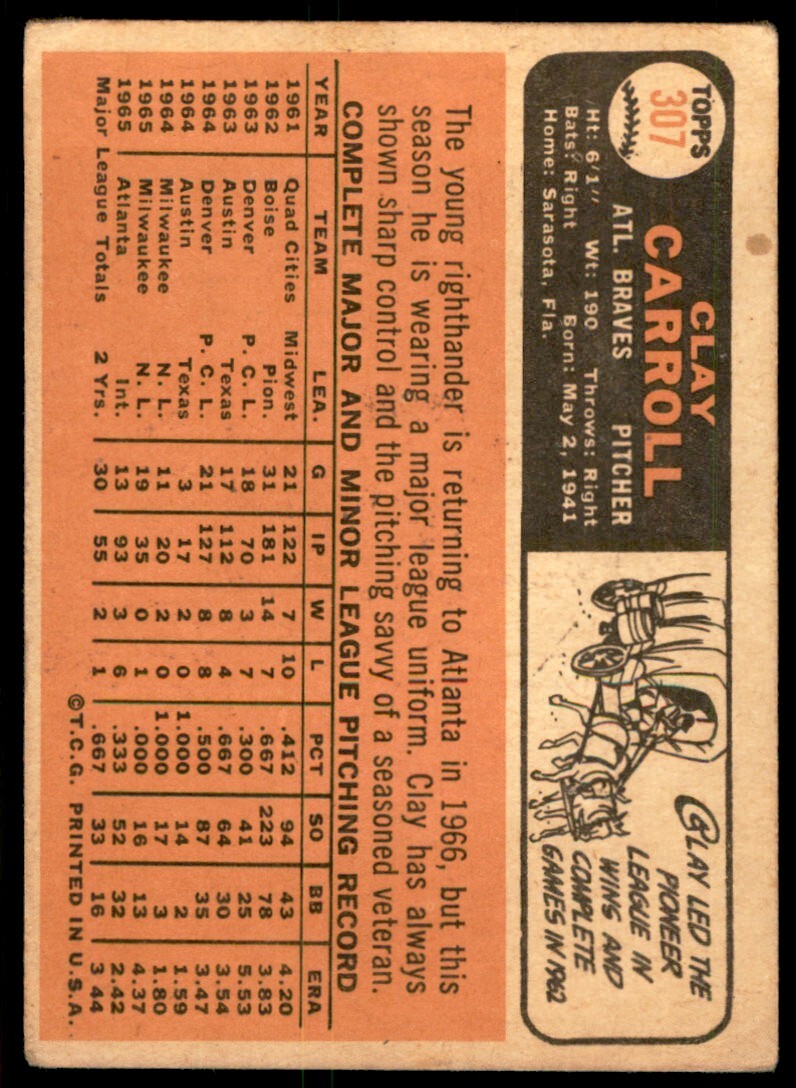 1966 Topps Baseball Card (Damaged) Clay Carroll A Atlanta Braves #307