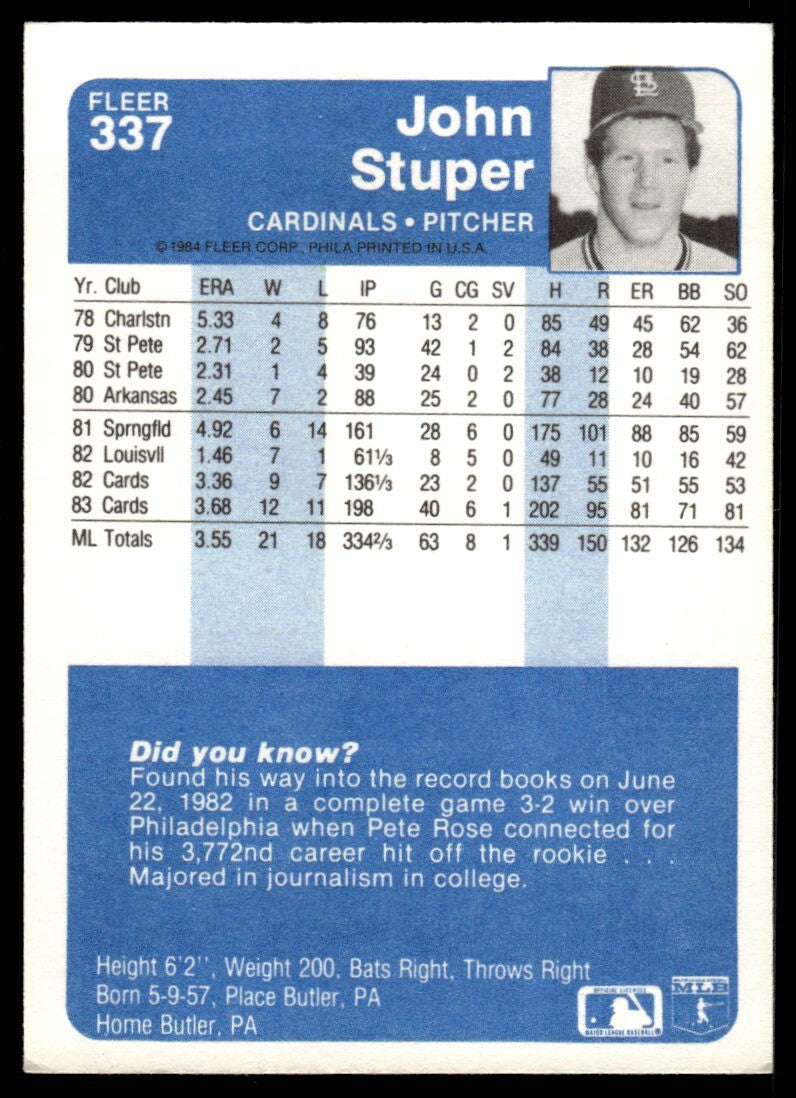 1984 Fleer John Stuper Baseball Card St. Louis Cardinals #337