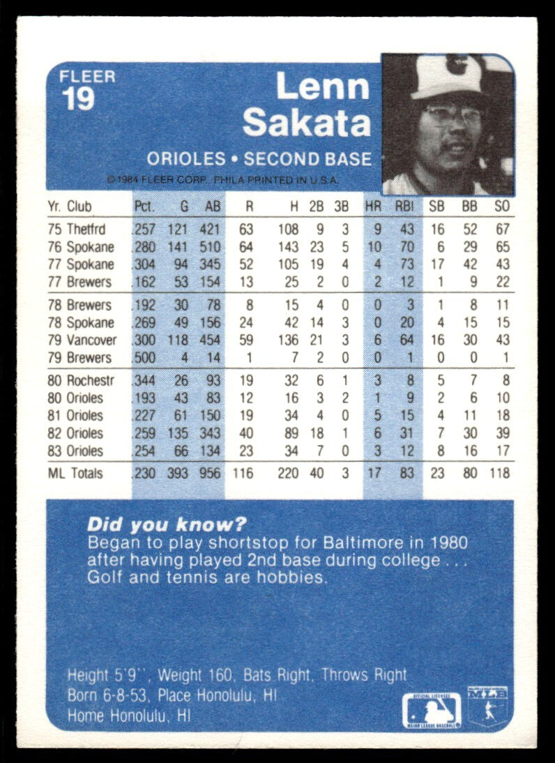 1984 Fleer Lenn Sakata Baseball Card Baltimore Orioles #19