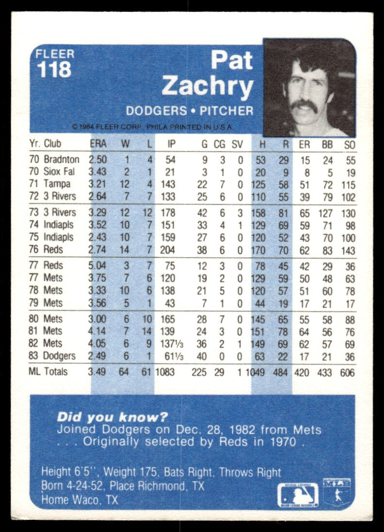 1984 Fleer Pat Zachry Baseball Card Los Angeles Dodgers #118