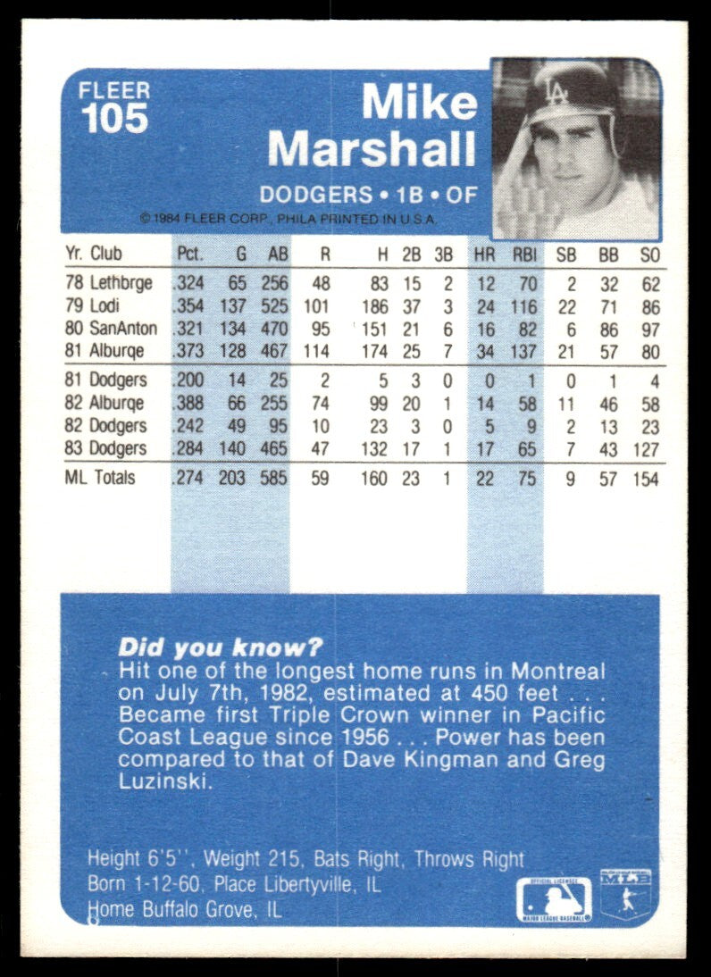 1984 Fleer Mike Marshall Baseball Card Los Angeles Dodgers #105