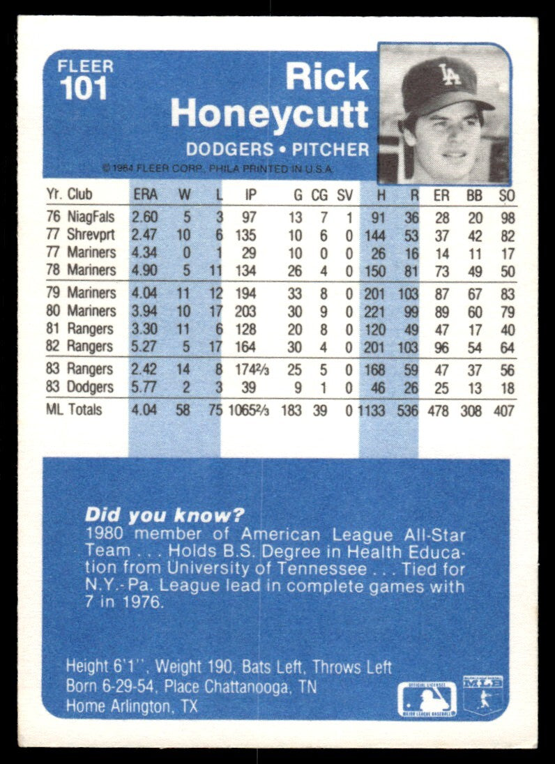 1984 Fleer Rick Honeycutt Baseball Card Los Angeles Dodgers #101