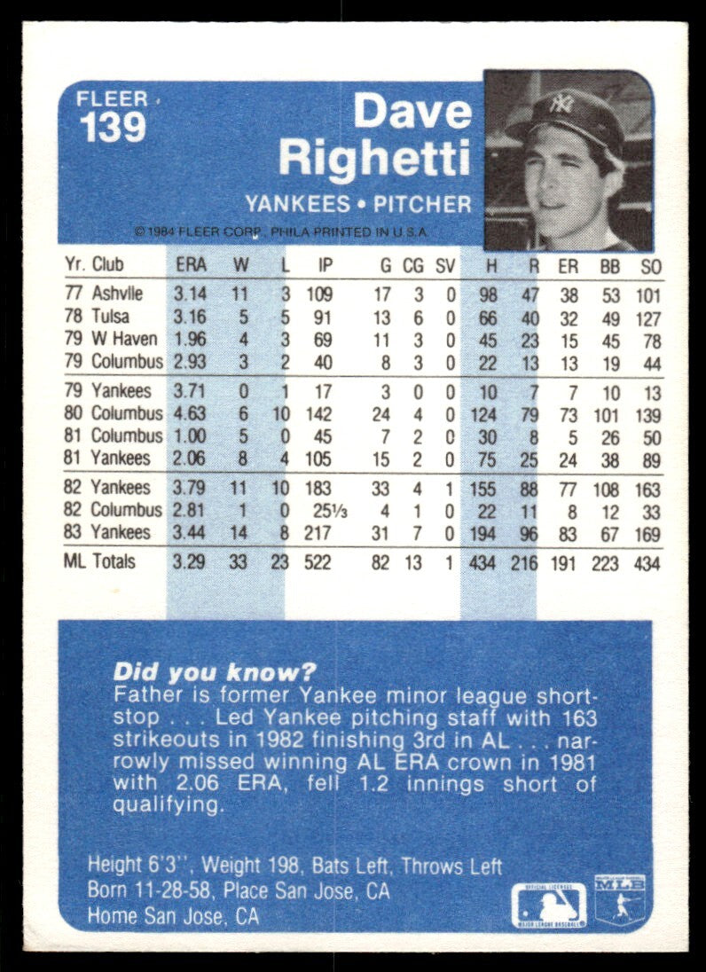 1984 Fleer Dave Righetti Baseball Card New York Yankees #139