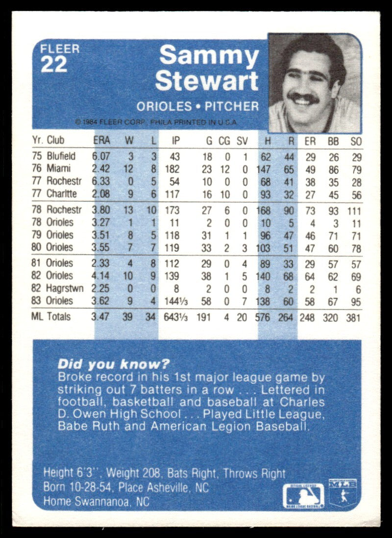 1984 Fleer Sammy Stewart Baseball Card Baltimore Orioles #22