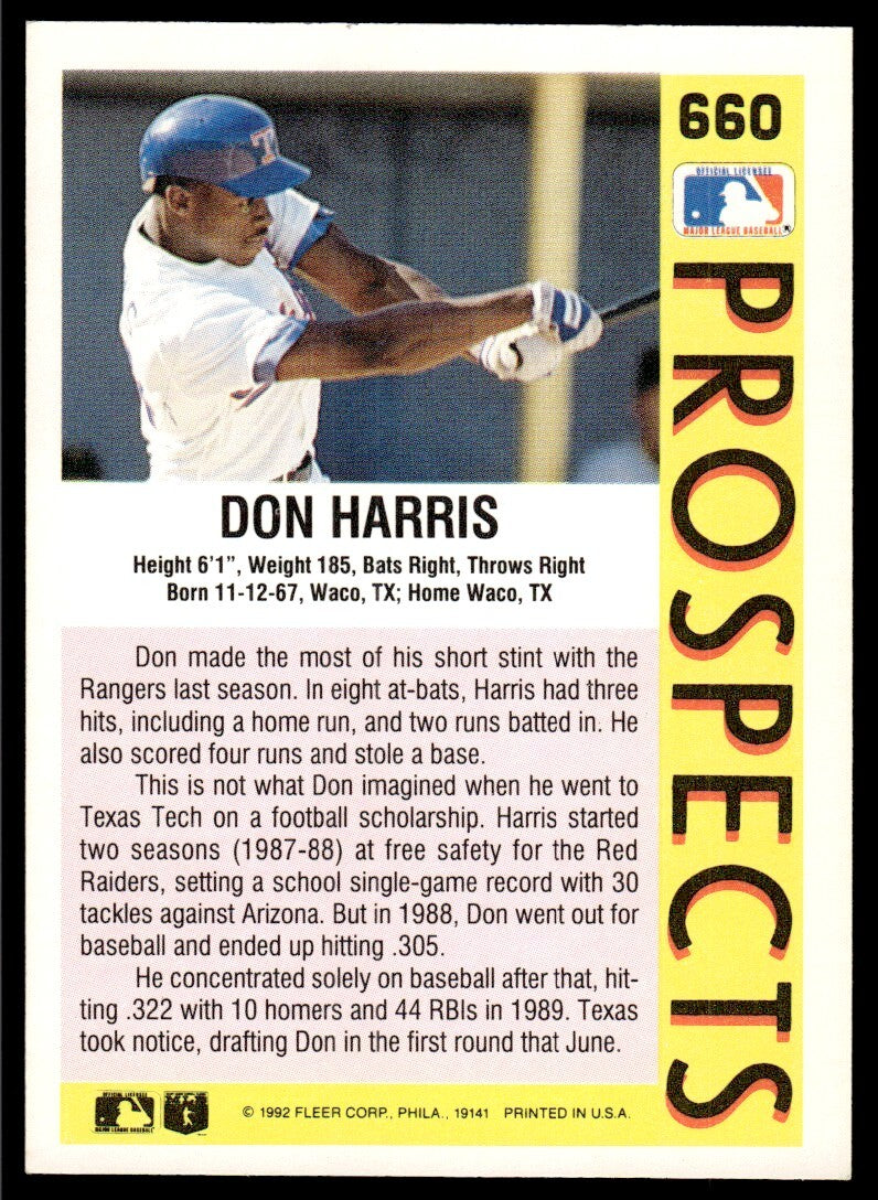 1992 Fleer Donald Harris Baseball Card Texas Rangers #660