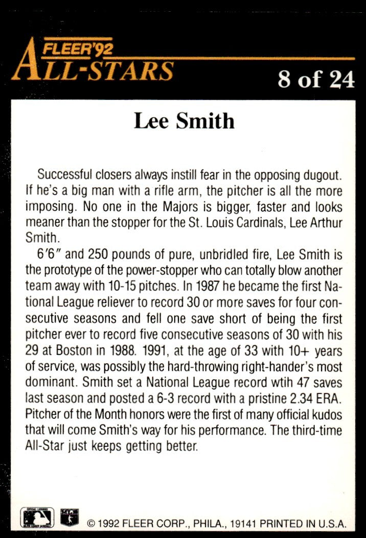 1992 Fleer Lee Smith Baseball Card St. Louis Cardinals #8 OF 24