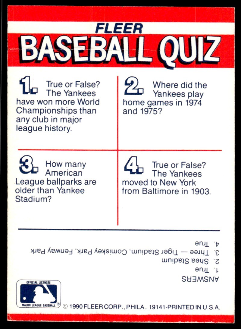 1990 Fleer Action Series Stickers New York Yankees
