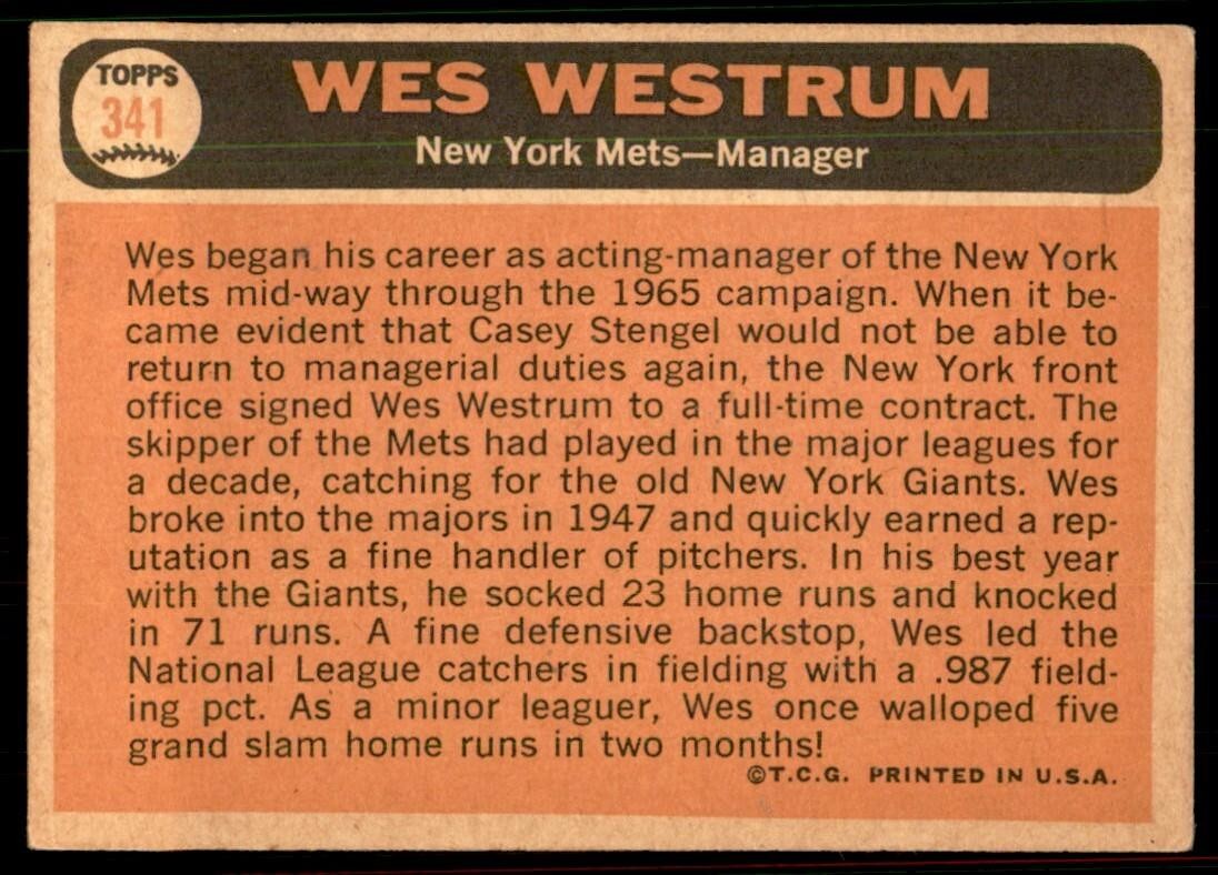 1966 Topps Baseball Card Wes Westrum C New York Mets #341