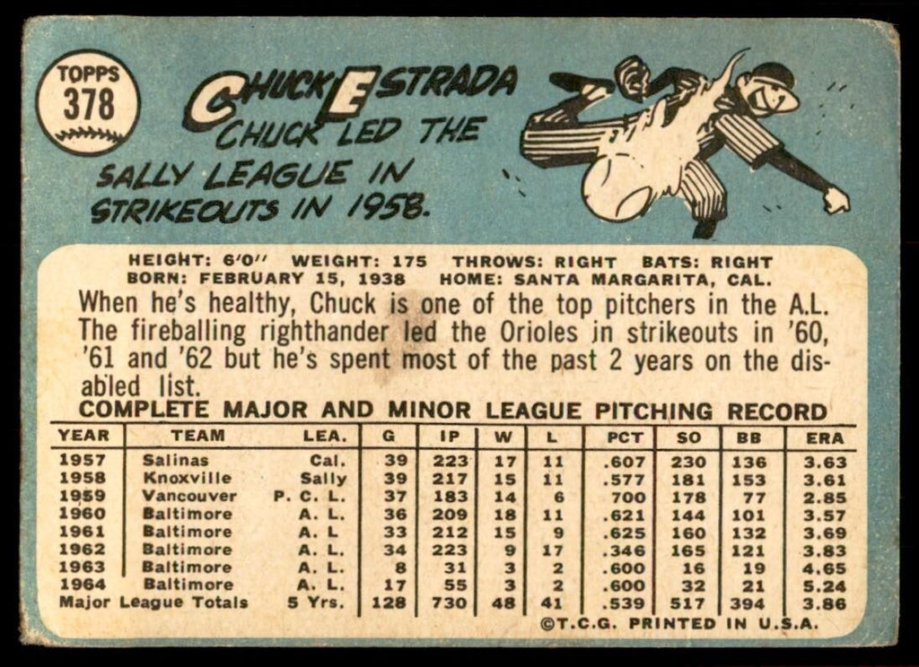 1965 Topps Baseball Card (Damaged) Chuck Estrada Baltimore Orioles #378