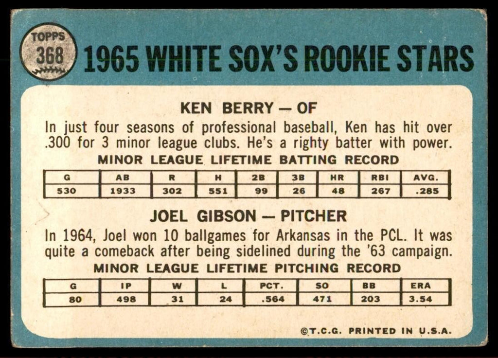 1965 Topps Baseball Card Ken Berry/Joel Gibson Rookie A Chicago White Sox #368