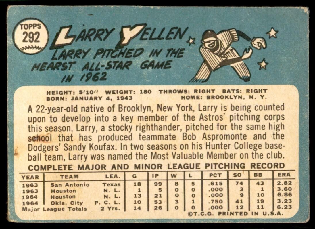 1965 Topps Baseball Card (Damaged) Larry Yellen Houston Astros #292