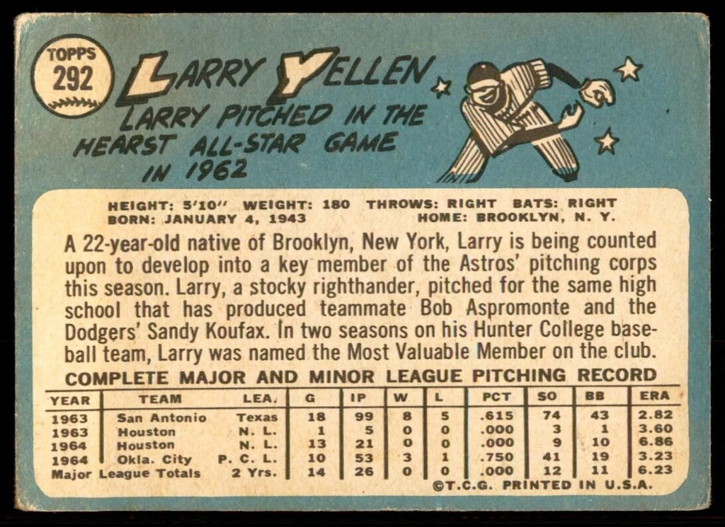 1965 Topps Baseball Card (Damaged) Larry Yellen A Houston Astros #292