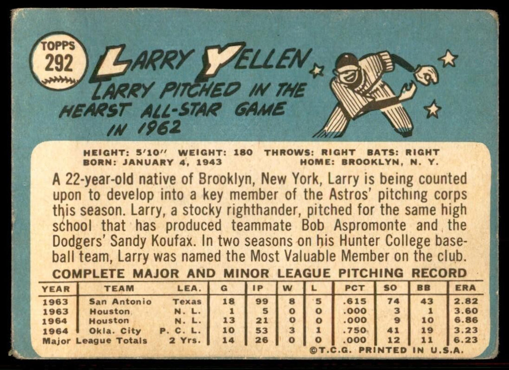 1965 Topps Baseball Card (Damaged) Larry Yellen C Houston Astros #292