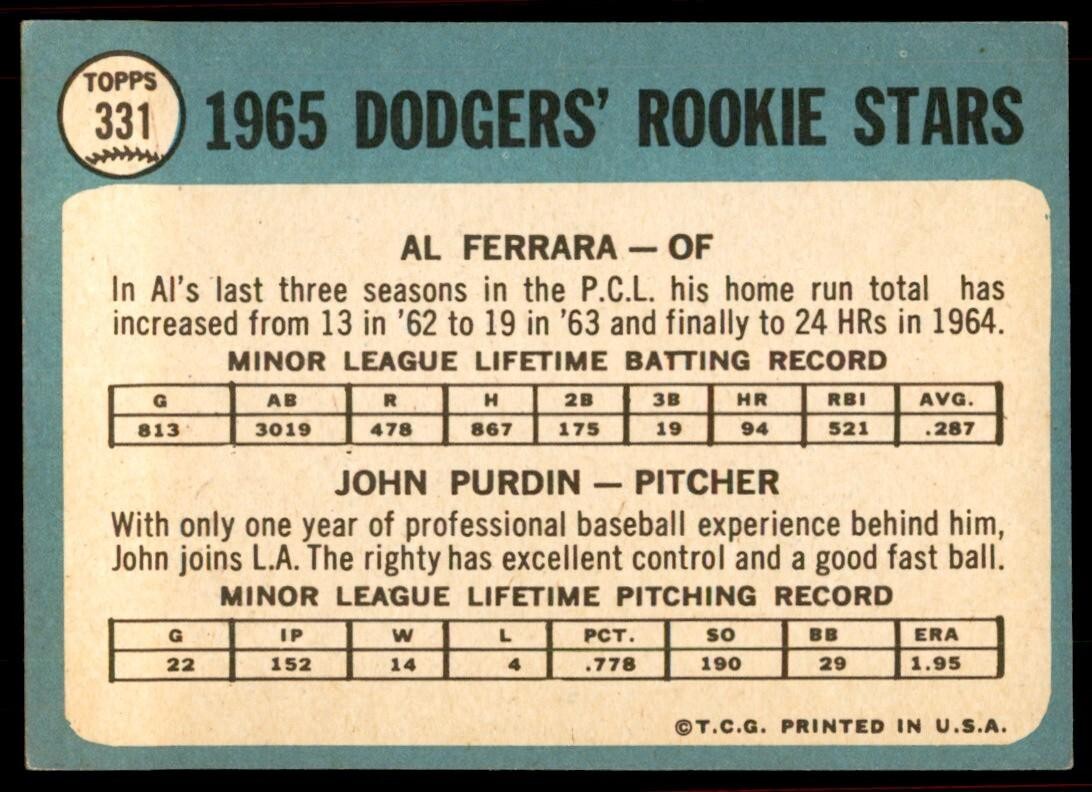 1965 Topps Baseball Card (Damaged) Al Ferrara/John Purdin Los Angeles Dodgers