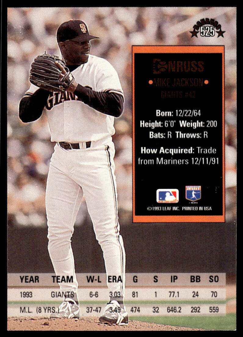 1994 Donruss Baseball Card Mike Jackson San Francisco Giants #525