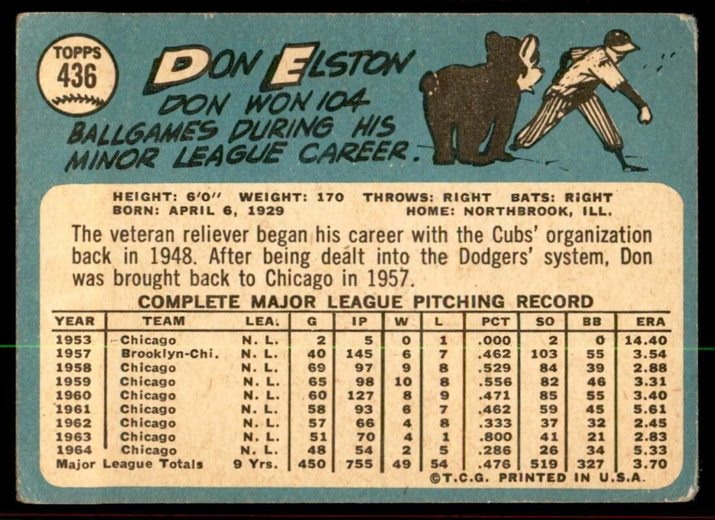 1965 Topps Baseball Card Don Elston D Chicago Cubs #436