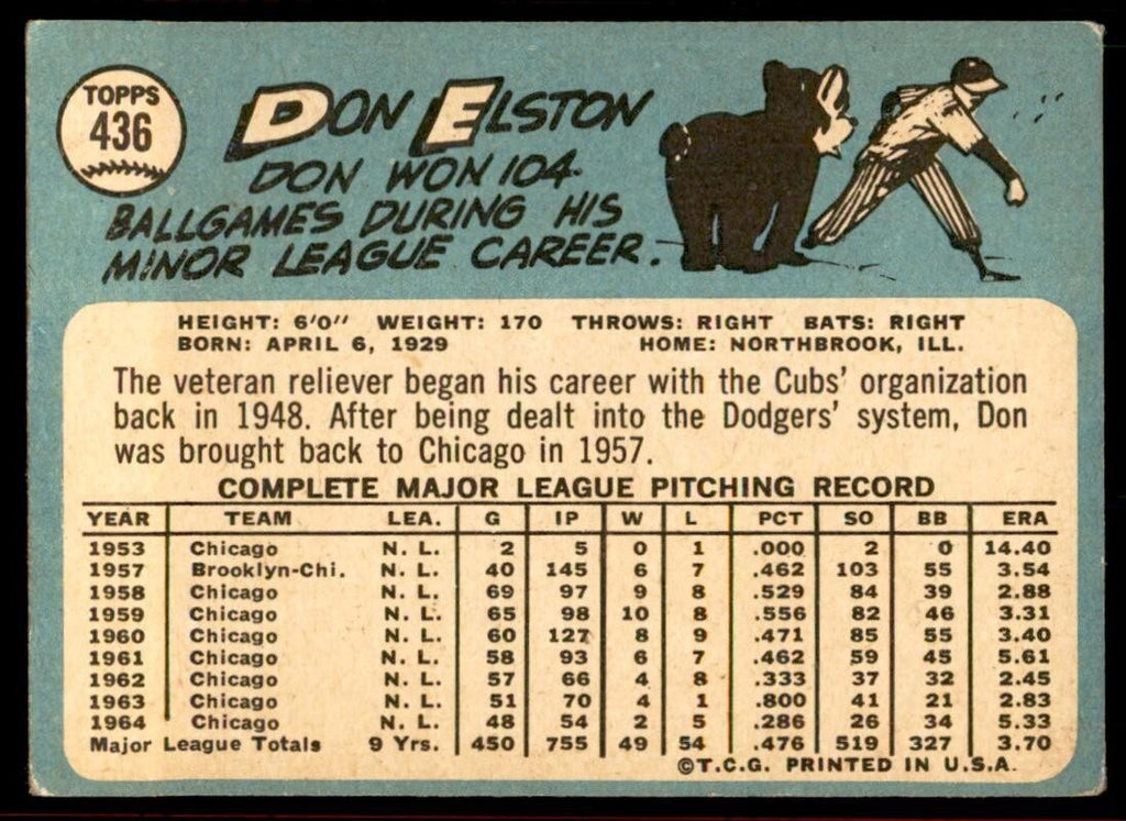 1965 Topps Baseball Card Don Elston F Chicago Cubs #436