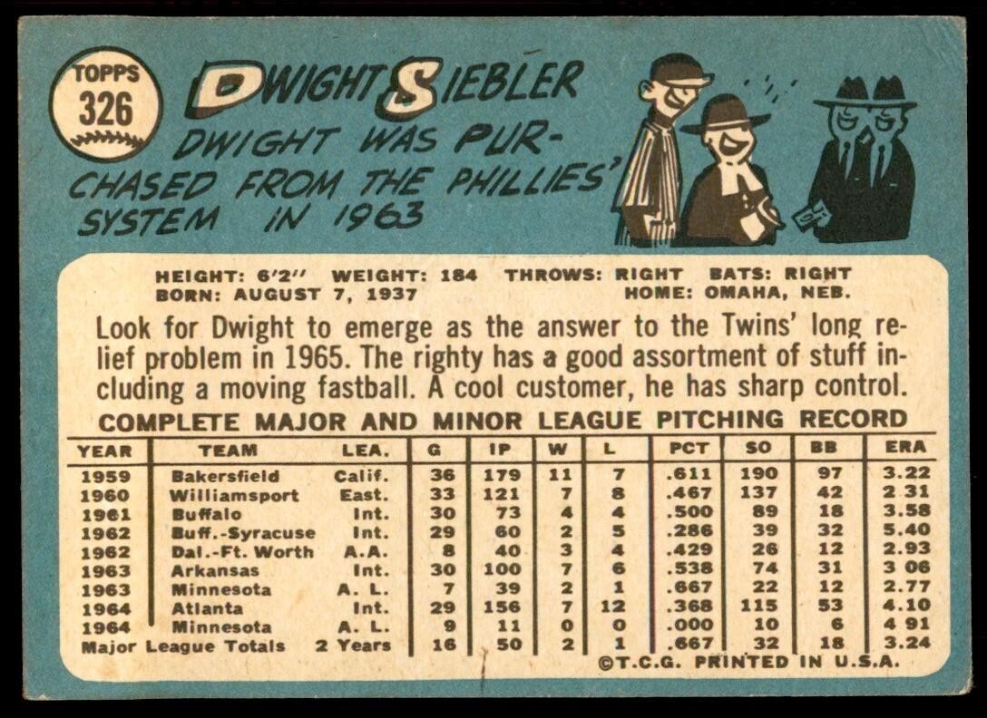 1965 Topps Baseball Card Dwight Siebler Minnesota Twins #326