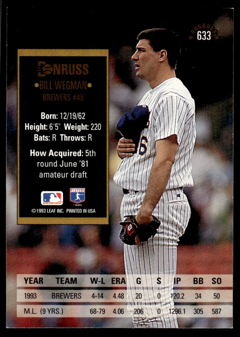 1994 Donruss Baseball Card Bill Wegman p Milwaukee Brewers #633