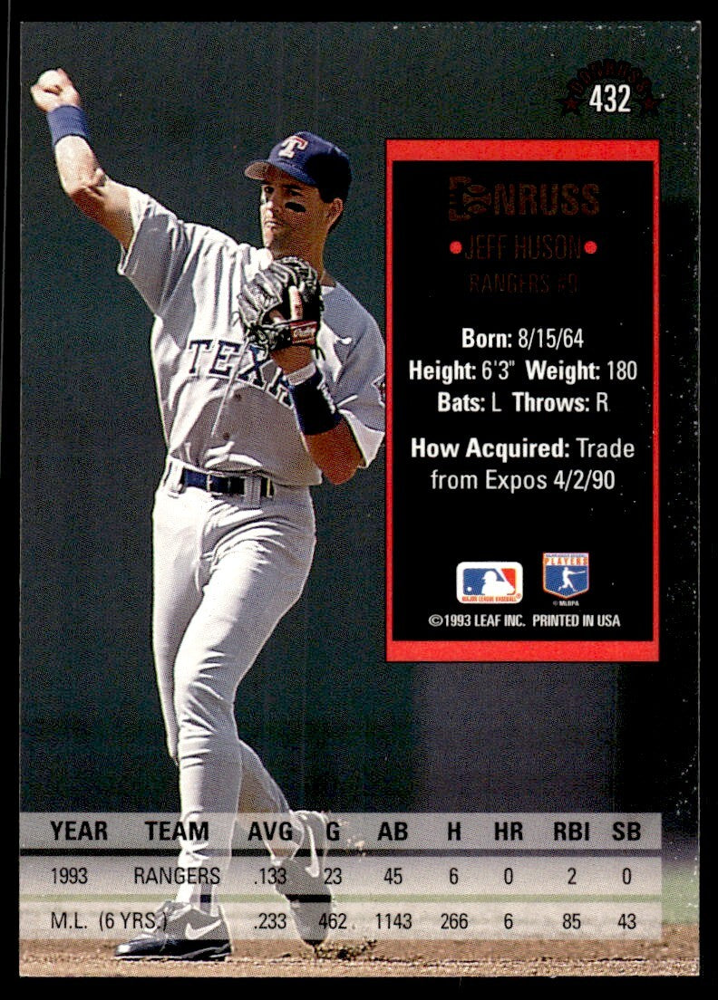 1994 Donruss Baseball Card Jeff Huson Texas Rangers #432