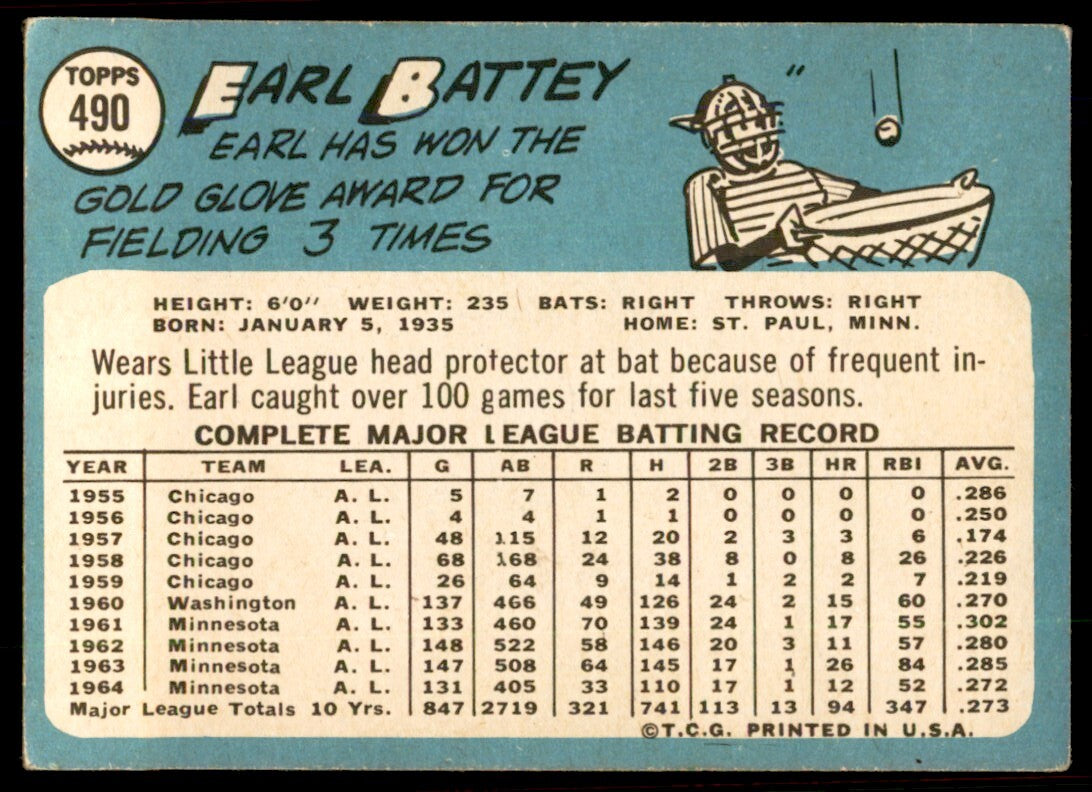 1965 Topps Baseball Card Earl Battey L Minnesota Twins #490