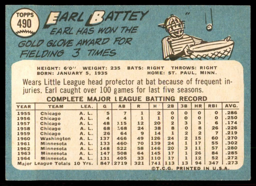 1965 Topps Baseball Card Earl Battey J Minnesota Twins #490