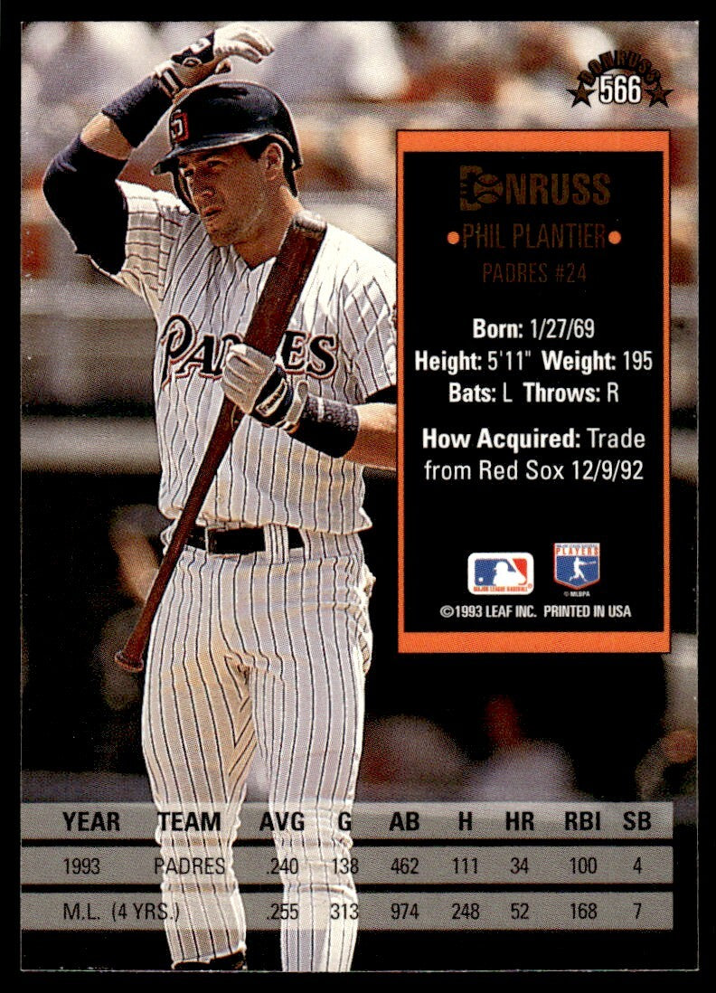 1994 Donruss Baseball Card Phil Plantier po San Diego Padres #566