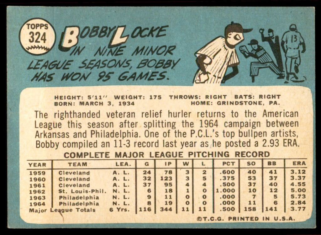 1965 Topps Baseball Card Bobby Locke Los Angeles Angels #324