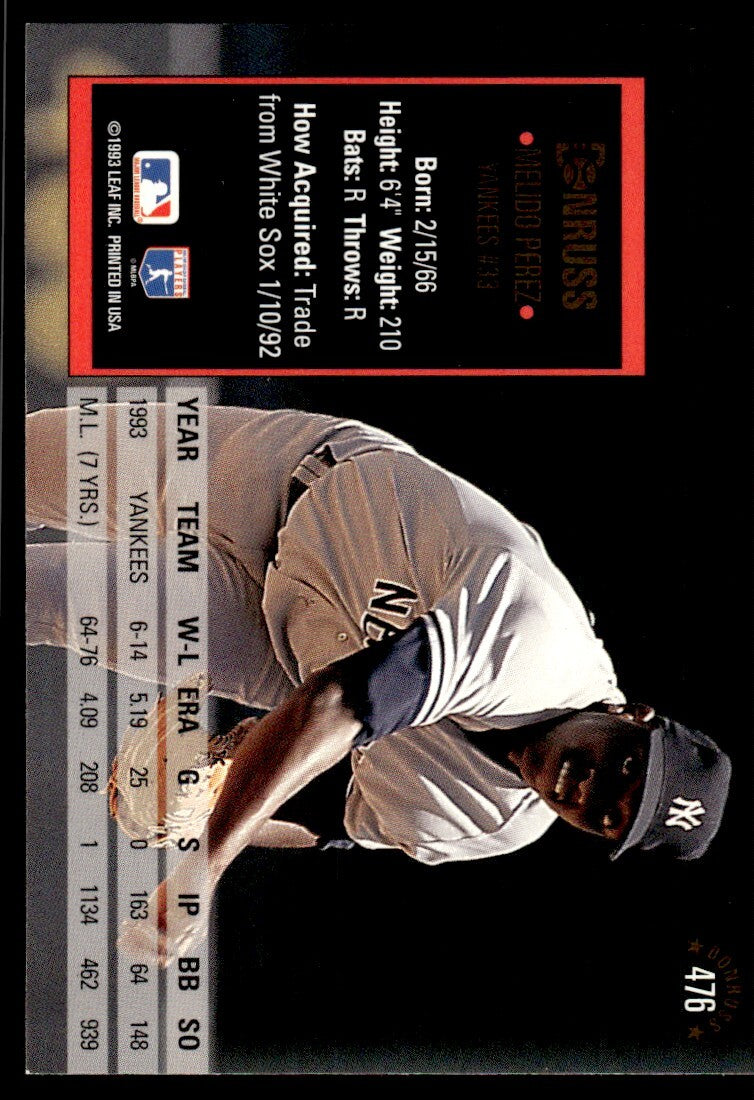 1994 Donruss Baseball Card Melido Perez New York Yankees #476