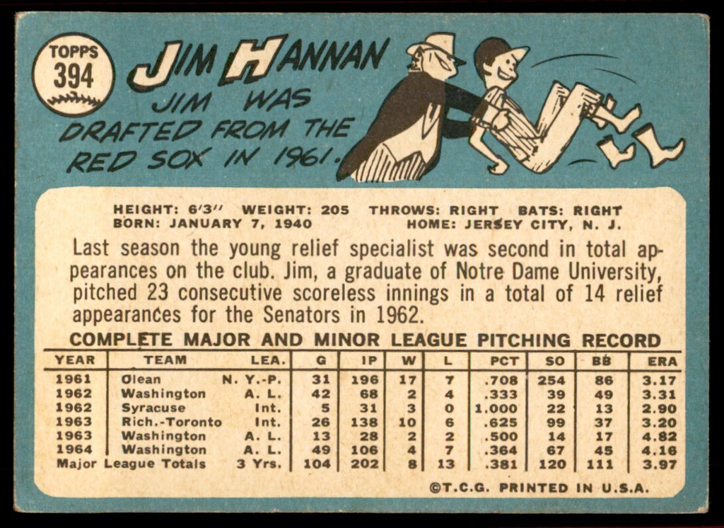 1965 Topps Baseball Card Jim Hannan D Washington Senators #394