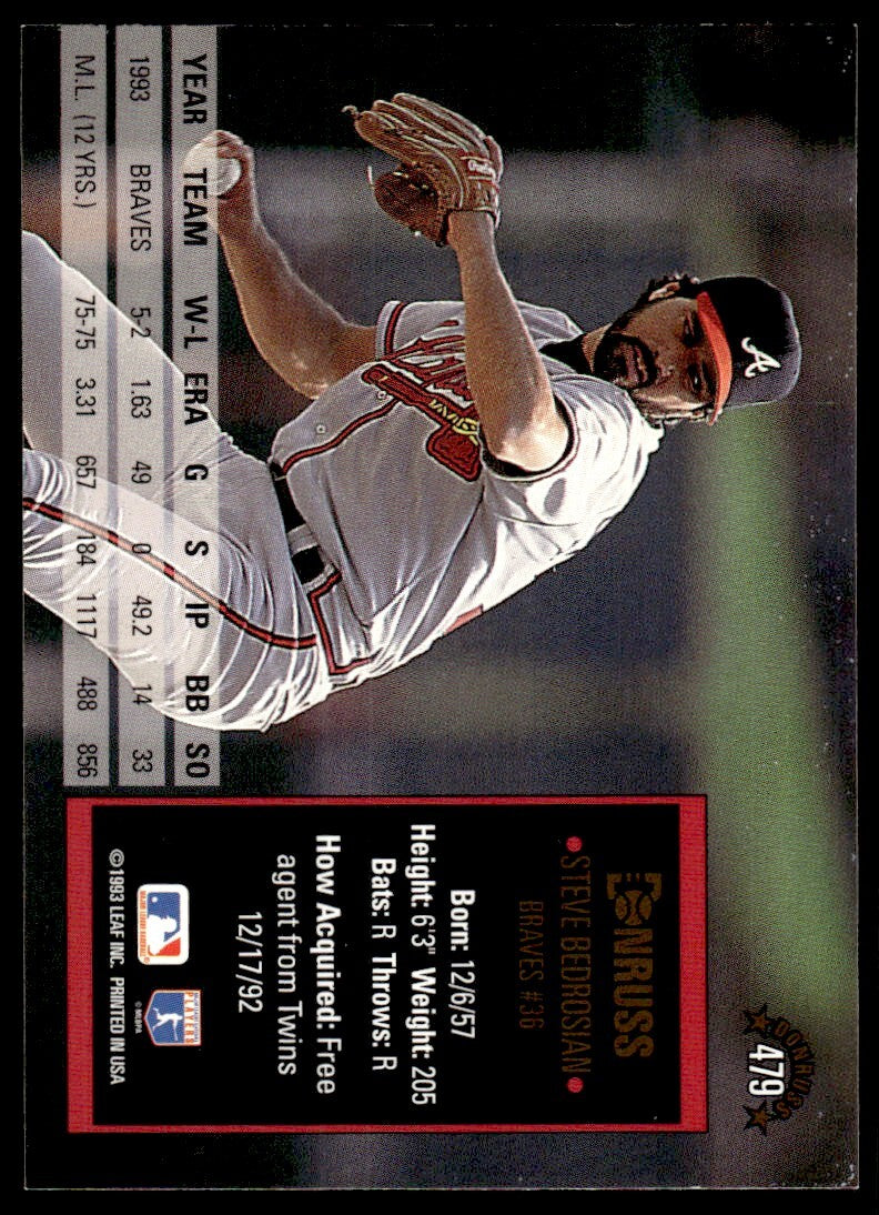 1994 Donruss Baseball Card Steve Bedrosian o Atlanta Braves #479
