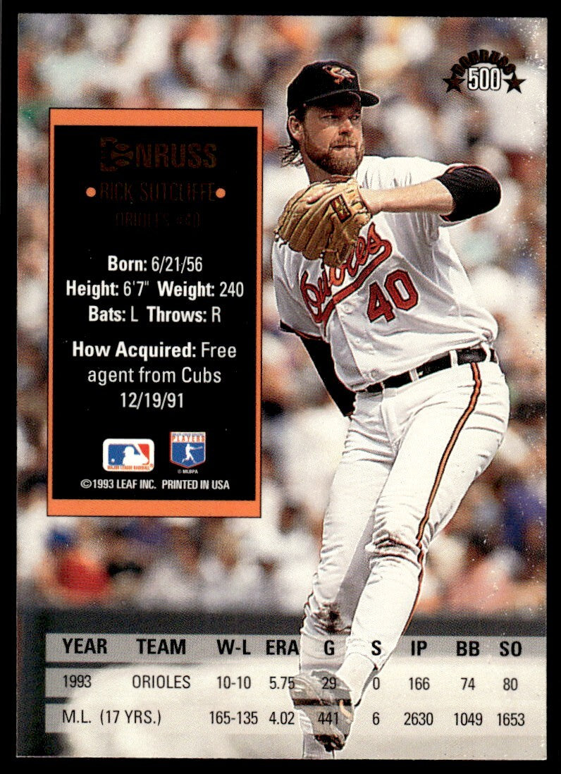 1994 Donruss Baseball Card Rick Sutcliffe Baltimore Orioles #500