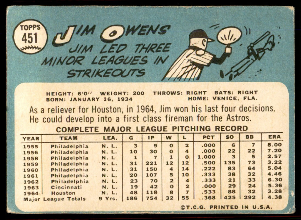 1965 Topps Baseball Card Jim Owens G Houston Astros #451