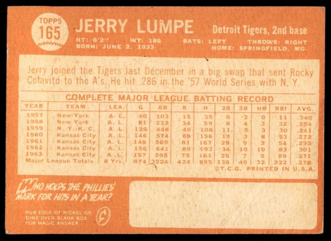 1964 Topps Baseball Card Jerry Lumpe Detroit Tigers #165