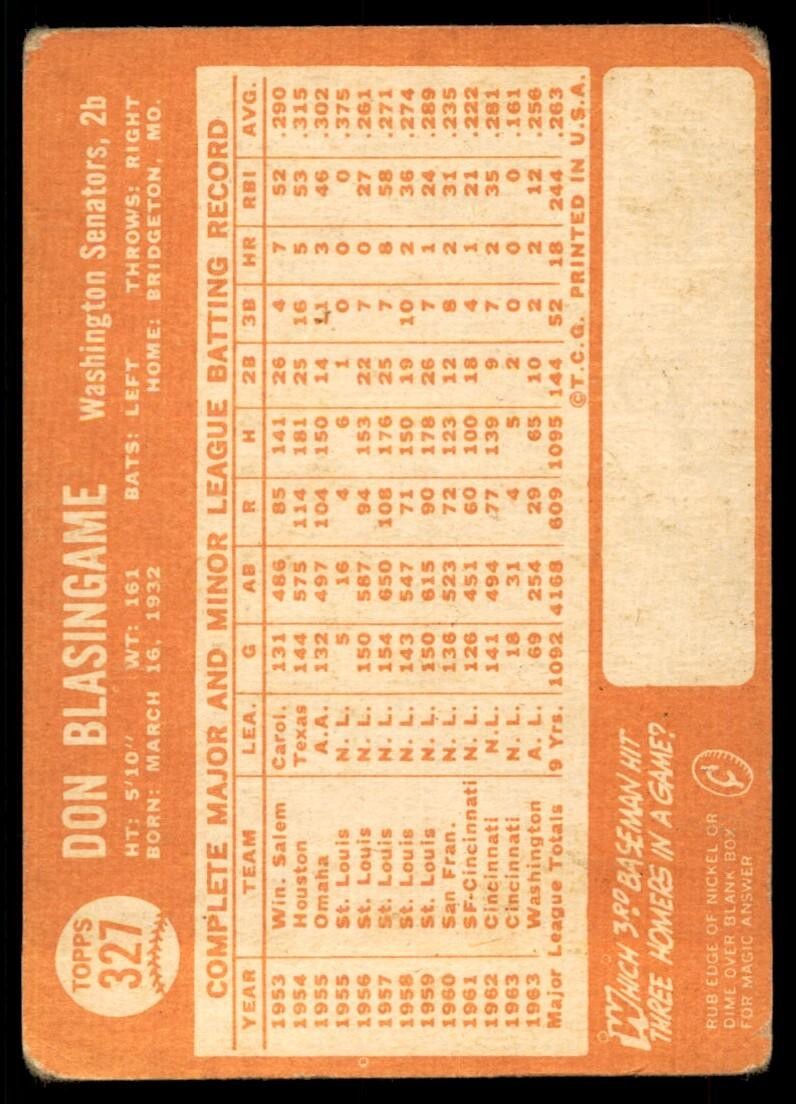 1964 Topps Baseball Card Don Blasingame Washington Senators #327