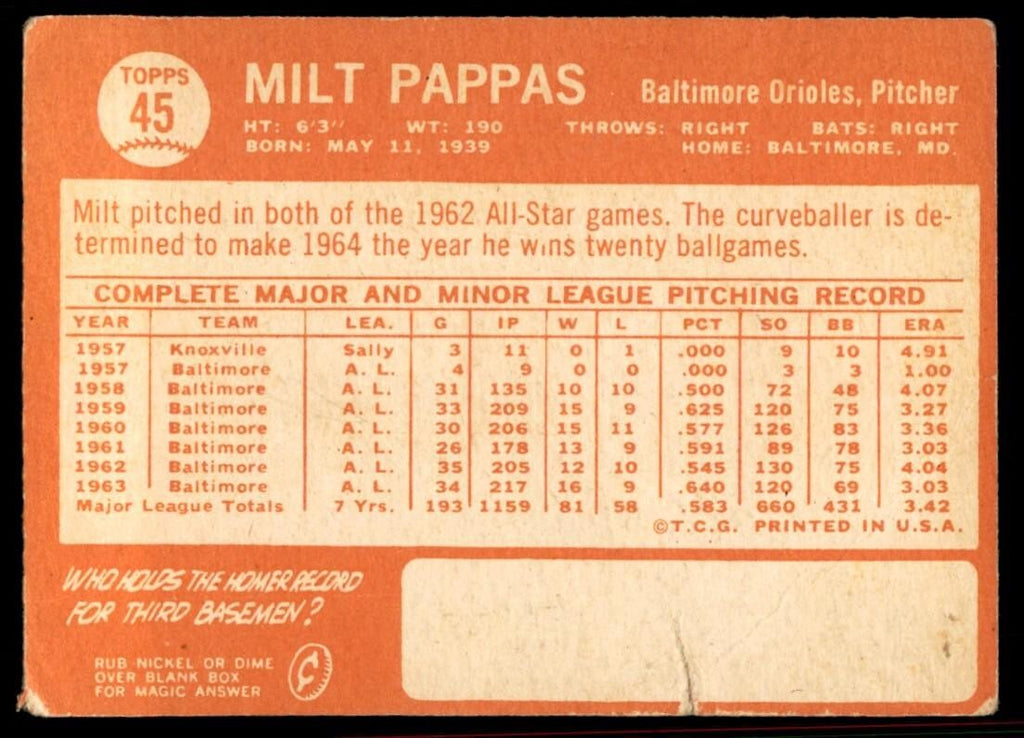 1964 Topps Baseball Card Milt Pappas AA Baltimore Orioles #45