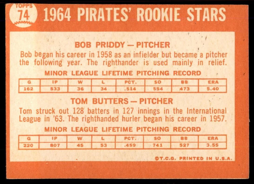 1964 Topps Baseball Card 1964 Pirates Rookie Stars - Bob Priddy/Tom Butters