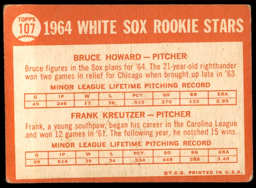 1964 Topps Baseball Card 1964 White Sox Rookie Stars - Bruce Howard/Frank