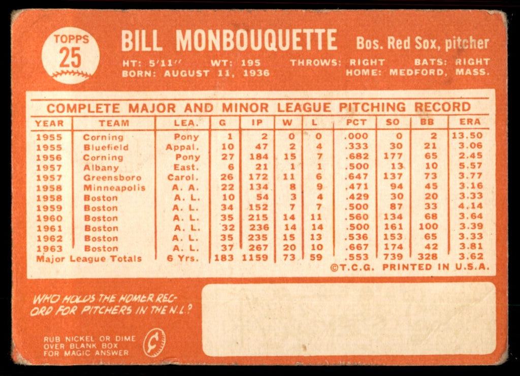 1964 Topps Baseball Card Bill Monbouquette Boston Red Sox #25