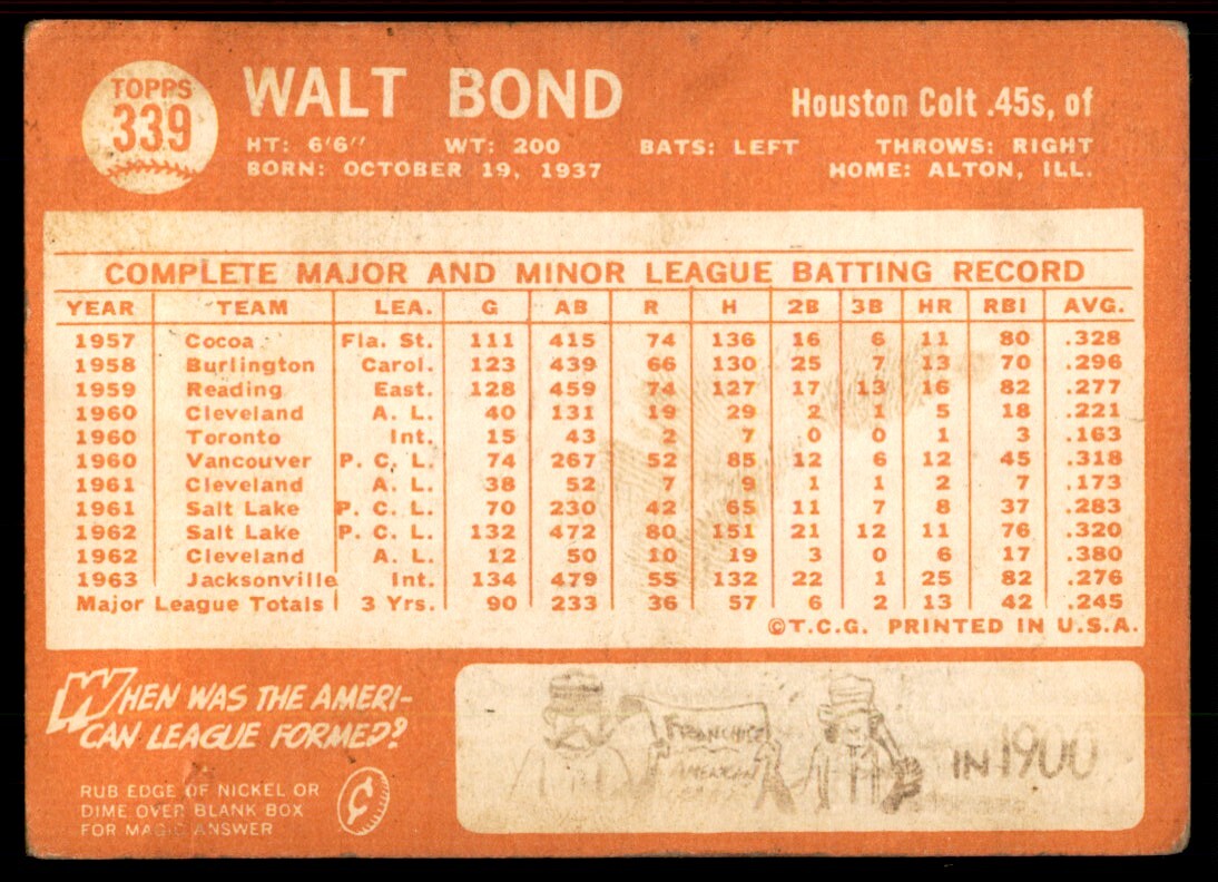 1964 Topps Baseball Card Walt Bond Houston Colt .45s #339
