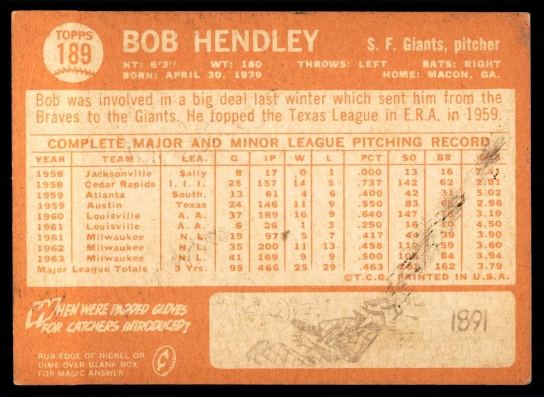 1964 Topps Baseball Card Bob Hendley San Francisco Giants #189