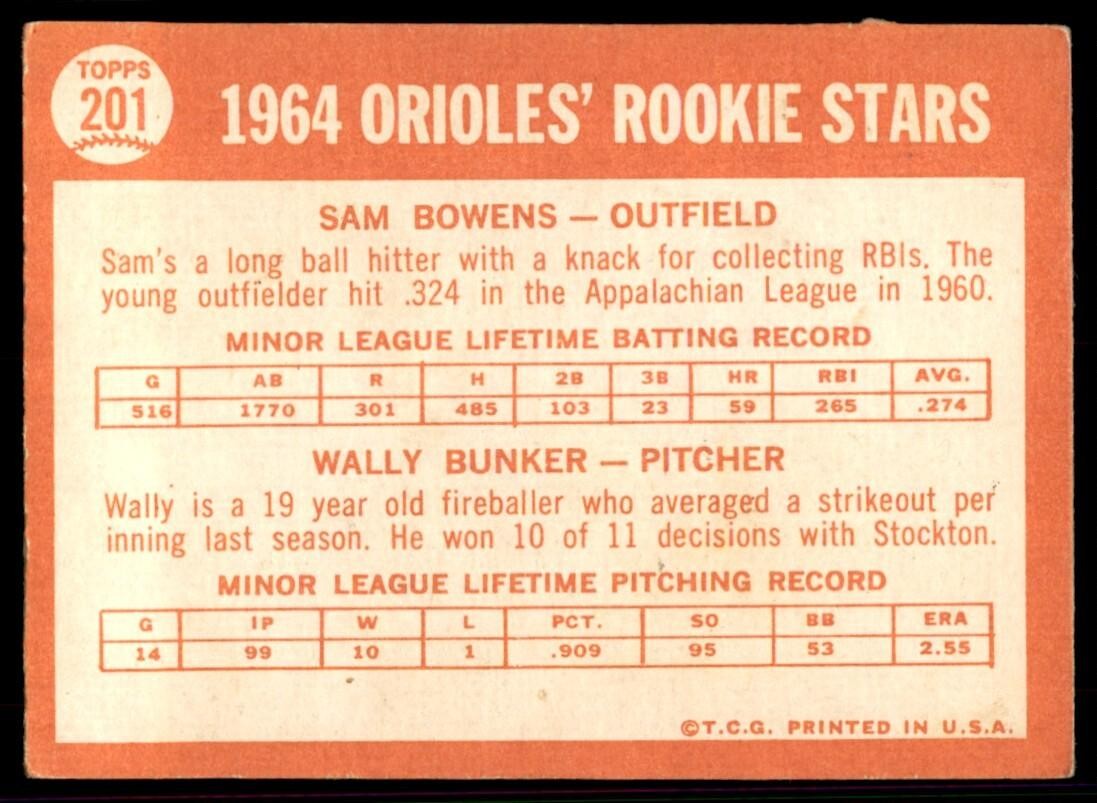 1964 Topps Baseball Card 1964 Orioles Rookie Stars - Sam Bowens/Wally Bunker
