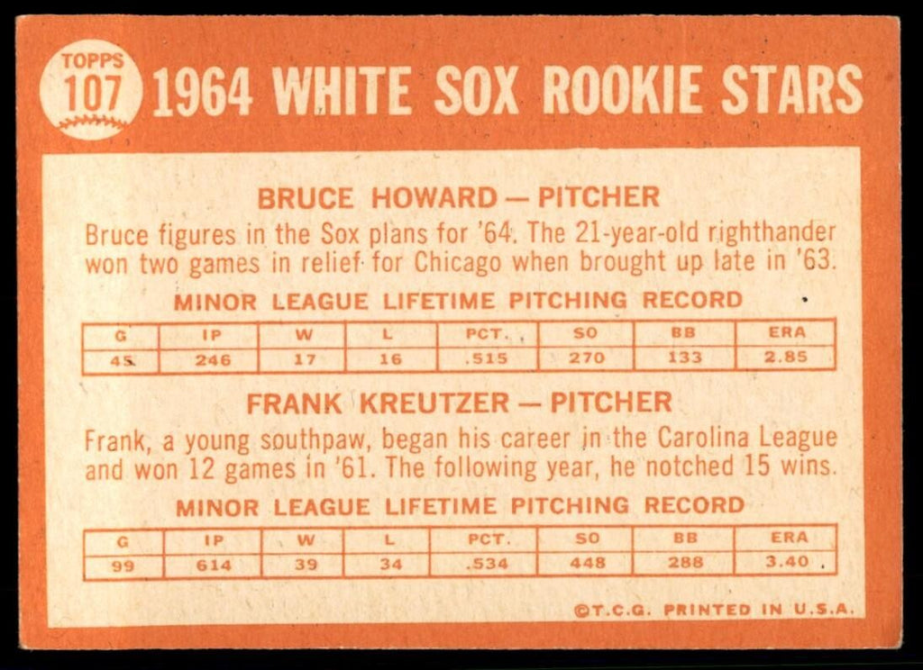 1964 Topps Baseball Card Bruce Howard/Frank Kreutzer Rookie #107