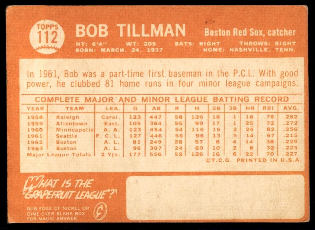 1964 Topps Baseball Card Bob Tillman Boston Red Sox #112