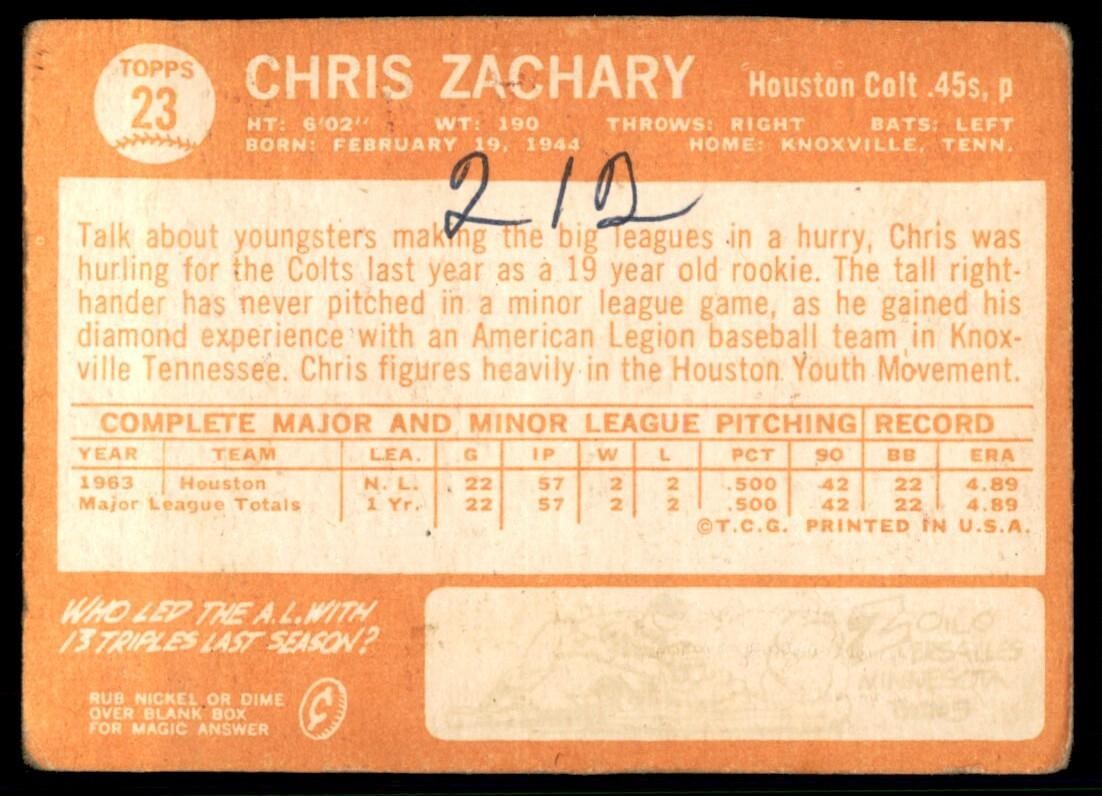 1964 Topps Baseball Card Chris Zachary Rookie A Houston Colt .45s #23