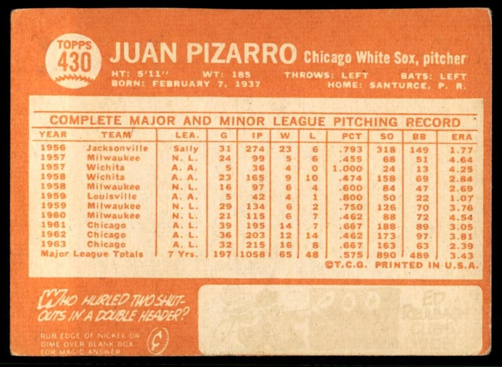 1964 Topps Baseball Card Juan Pizarro Chicago White Sox #430