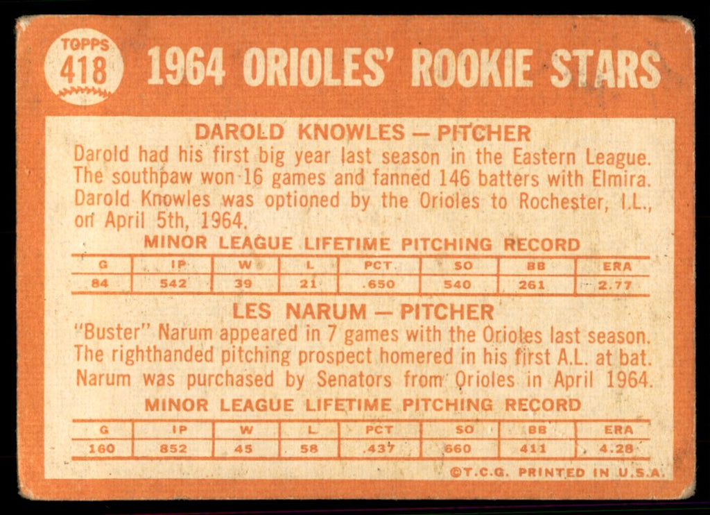 1964 Topps Baseball Card 1964 Orioles Rookie Stars - Darold Knowles/Les Narum
