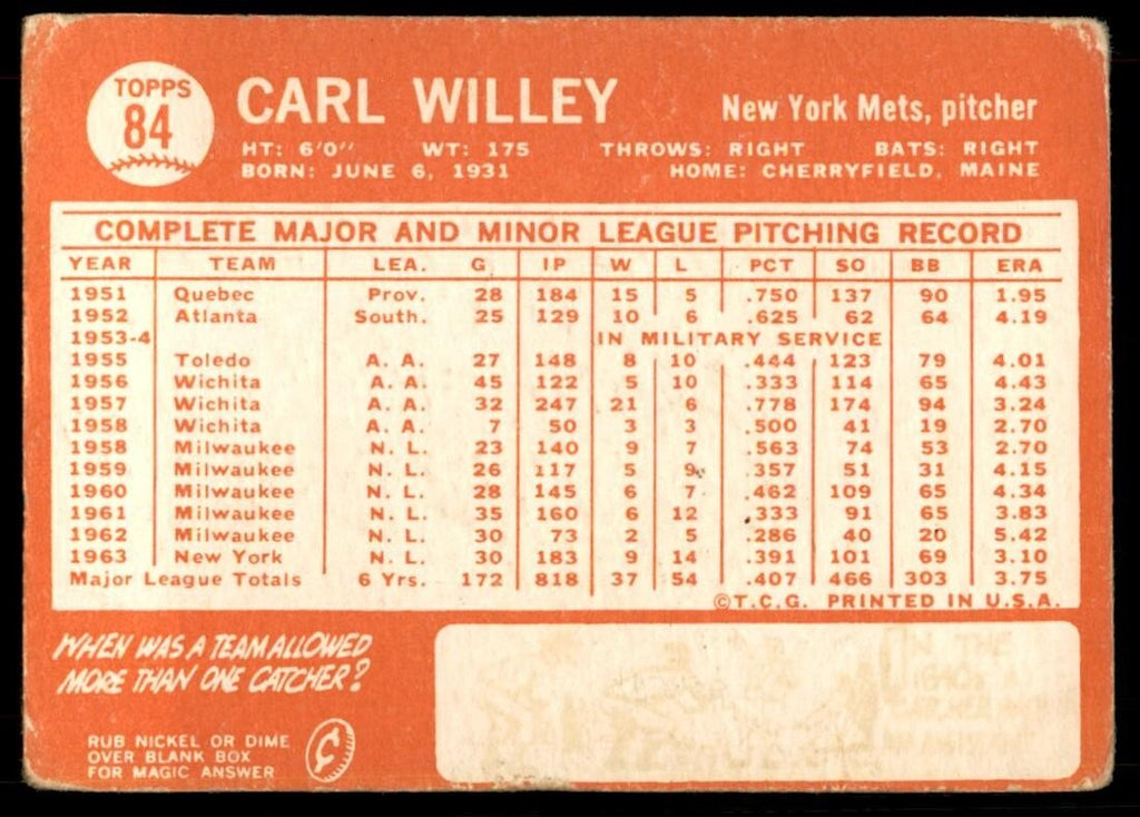 1964 Topps Baseball Card Carl Willey A New York Mets #84
