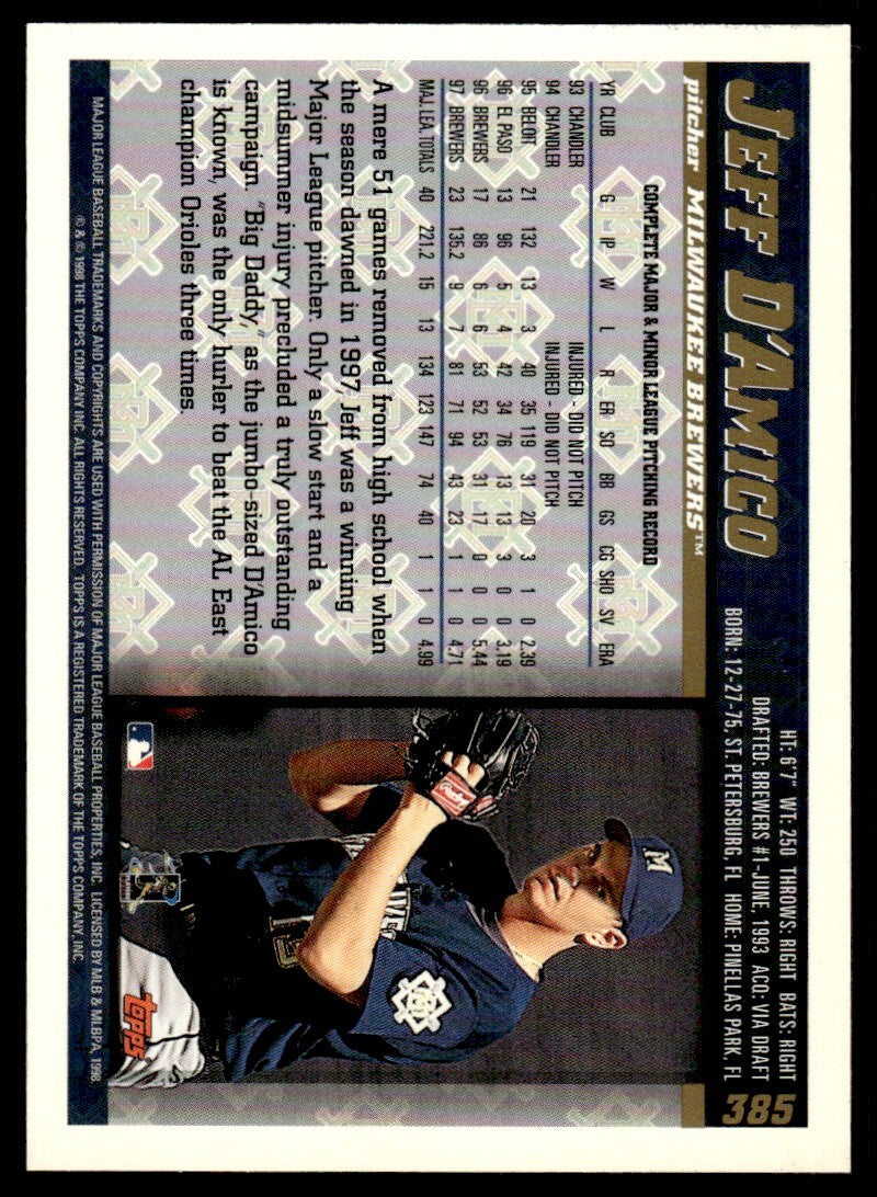 1998 Topps Baseball Card Jeff D'Amico p Milwaukee Brewers #385