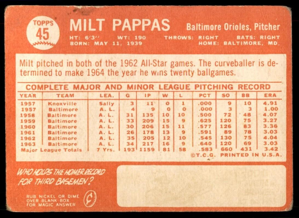 1964 Topps Baseball Card Milt Pappas D Baltimore Orioles #45